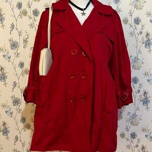 Vintage Y2K Red Double Breasted Coat with Belted Sleeves and Cinched Waist